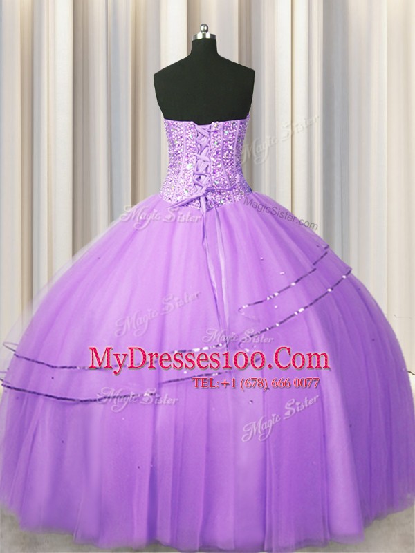 Visible Boning Puffy Skirt Lilac Sweetheart Neckline Beading Ball Gown Prom Dress Sleeveless Lace Up