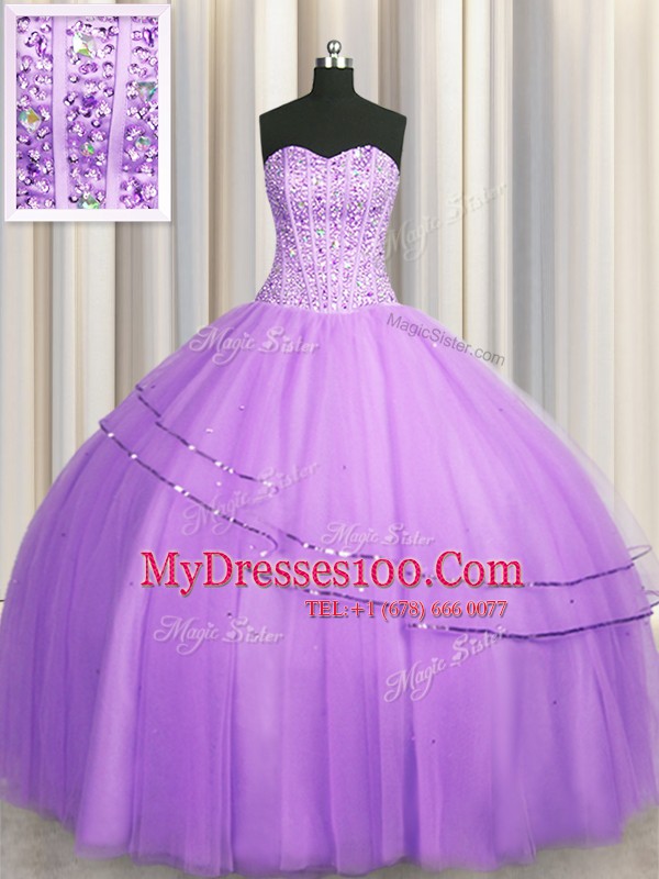 Visible Boning Puffy Skirt Lilac Sweetheart Neckline Beading Ball Gown Prom Dress Sleeveless Lace Up