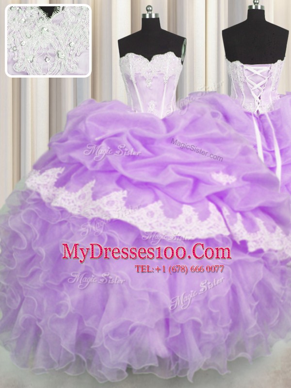 Pick Ups Lilac Sleeveless Organza Lace Up 15 Quinceanera Dress for Military Ball and Sweet 16 and Quinceanera