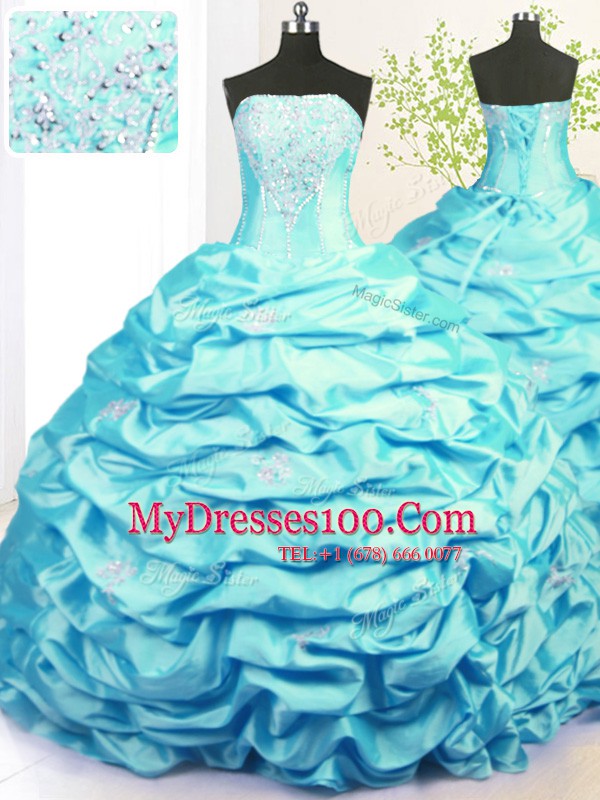 Fancy Pick Ups Strapless Sleeveless Sweep Train Lace Up Sweet 16 Quinceanera Dress Aqua Blue Taffeta