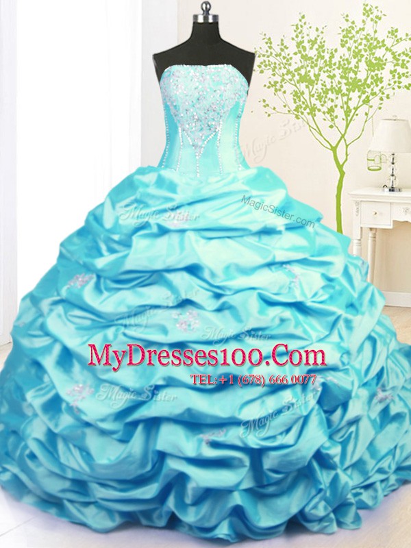 Fancy Pick Ups Strapless Sleeveless Sweep Train Lace Up Sweet 16 Quinceanera Dress Aqua Blue Taffeta