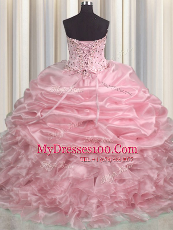 Graceful Baby Pink Ball Gowns Beading and Ruffles and Pick Ups Sweet 16 Dress Lace Up Organza Sleeveless With Train