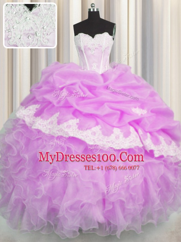 Hot Sale Pick Ups Lilac Sleeveless Organza Lace Up 15 Quinceanera Dress for Military Ball and Sweet 16 and Quinceanera