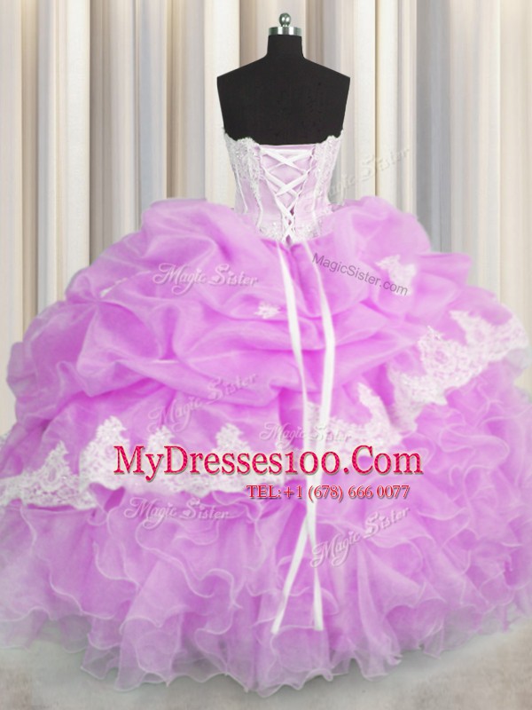 Hot Sale Pick Ups Lilac Sleeveless Organza Lace Up 15 Quinceanera Dress for Military Ball and Sweet 16 and Quinceanera