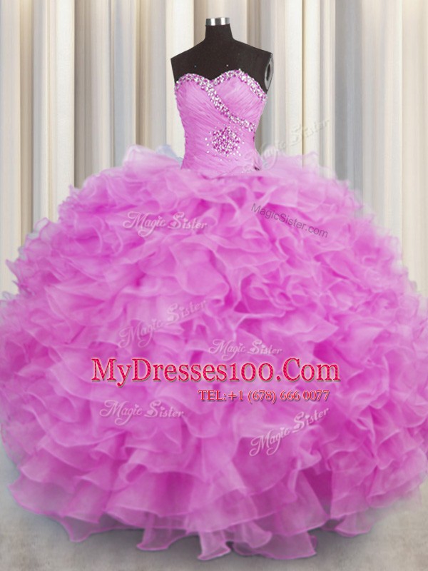 Low Price Lilac Sleeveless Beading and Ruffles Floor Length Quince Ball Gowns