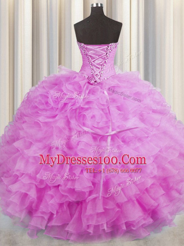 Low Price Lilac Sleeveless Beading and Ruffles Floor Length Quince Ball Gowns