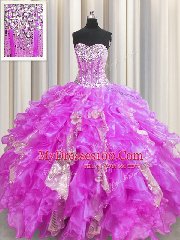 Fantastic Visible Boning Lilac Sleeveless Beading and Ruffles and Sequins Floor Length Quinceanera Dress