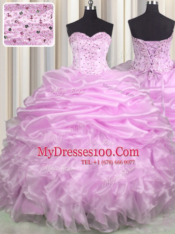 Nice Pick Ups Brush Train Ball Gowns Sweet 16 Quinceanera Dress Lilac Sweetheart Organza Sleeveless Floor Length Lace Up