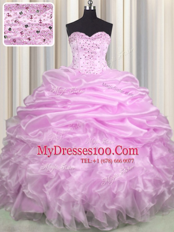 Nice Pick Ups Brush Train Ball Gowns Sweet 16 Quinceanera Dress Lilac Sweetheart Organza Sleeveless Floor Length Lace Up