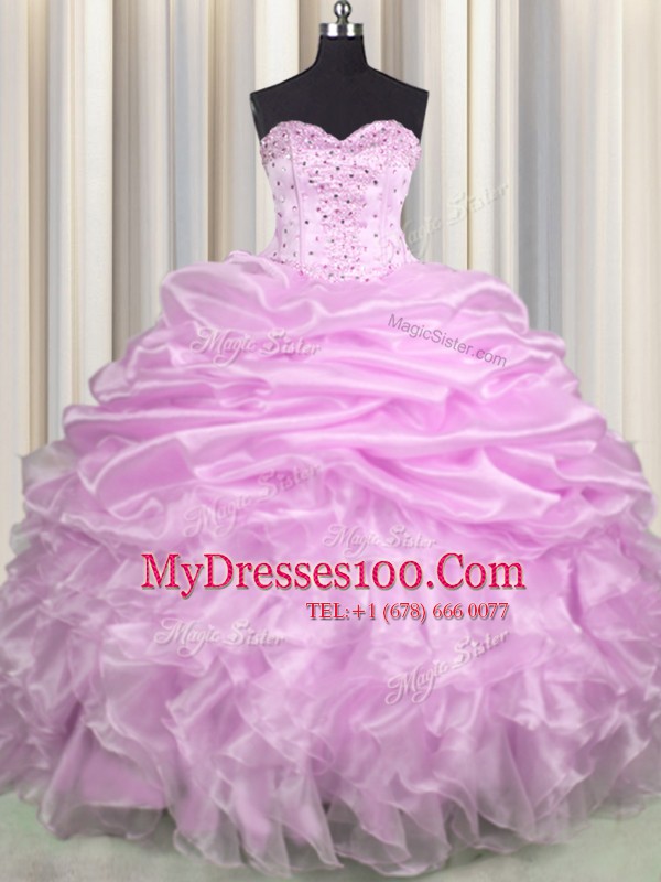 Nice Pick Ups Brush Train Ball Gowns Sweet 16 Quinceanera Dress Lilac Sweetheart Organza Sleeveless Floor Length Lace Up