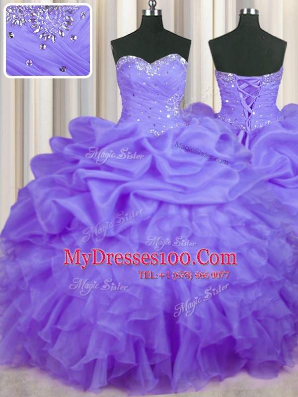 Sweetheart Sleeveless Vestidos de Quinceanera Floor Length Beading and Ruffles and Pick Ups Lavender Organza