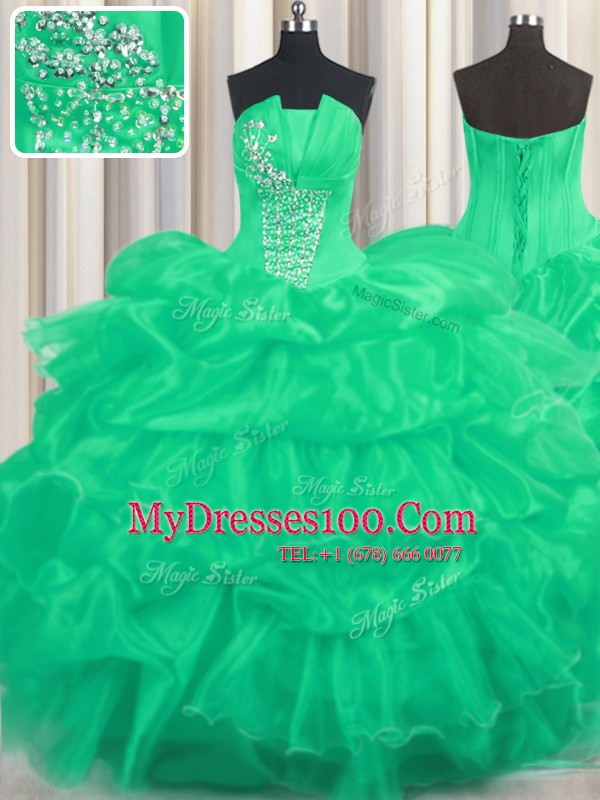 Sumptuous Turquoise Ball Gown Prom Dress Military Ball and Sweet 16 and Quinceanera and For with Beading and Ruffled Layers and Pick Ups Strapless Sleeveless Lace Up