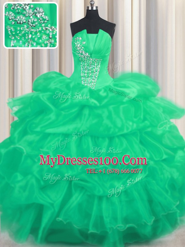 Sumptuous Turquoise Ball Gown Prom Dress Military Ball and Sweet 16 and Quinceanera and For with Beading and Ruffled Layers and Pick Ups Strapless Sleeveless Lace Up