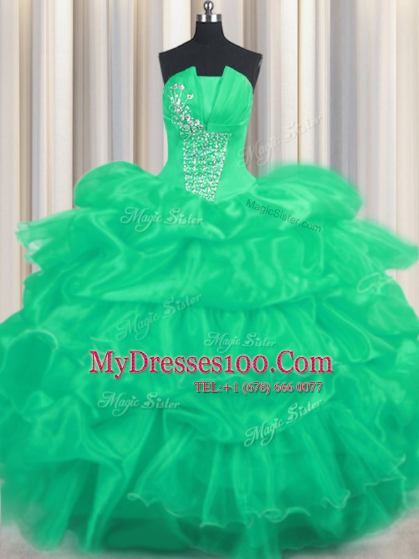 Sumptuous Turquoise Ball Gown Prom Dress Military Ball and Sweet 16 and Quinceanera and For with Beading and Ruffled Layers and Pick Ups Strapless Sleeveless Lace Up