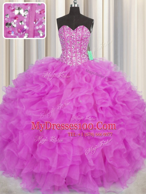 Traditional Visible Boning Fuchsia Organza Lace Up Quinceanera Gowns Sleeveless Floor Length Beading and Ruffles