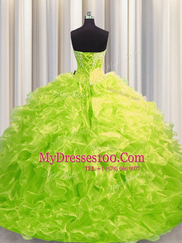 Enchanting Organza Long Sleeves Quinceanera Gowns Brush Train and Beading and Ruffles