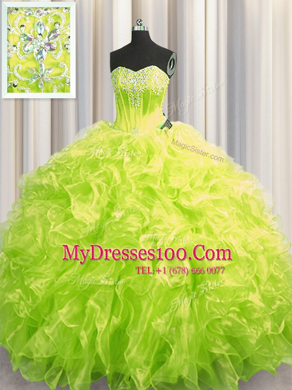 Enchanting Organza Long Sleeves Quinceanera Gowns Brush Train and Beading and Ruffles