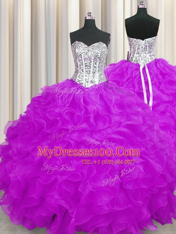 Purple Sleeveless Beading and Ruffles Floor Length Quinceanera Dresses