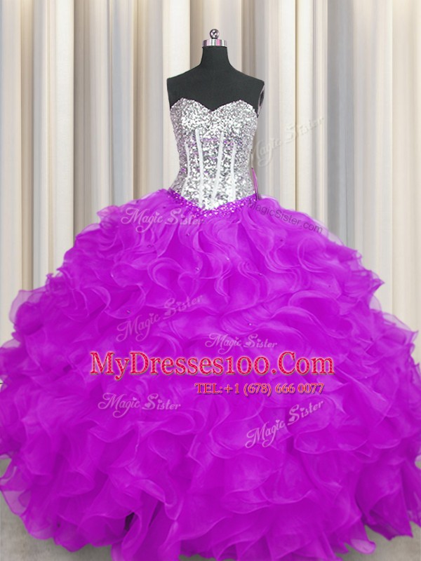 Purple Sleeveless Beading and Ruffles Floor Length Quinceanera Dresses