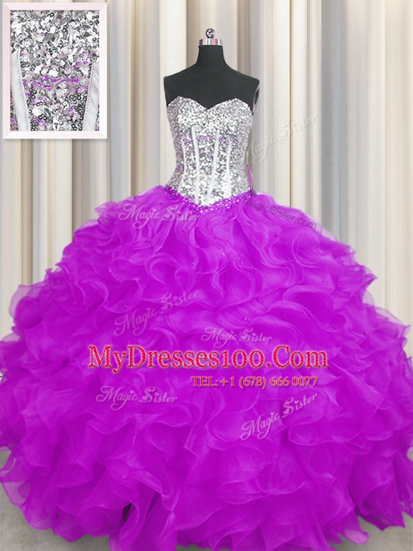 Purple Sleeveless Beading and Ruffles Floor Length Quinceanera Dresses