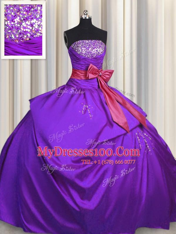 Stunning Purple Strapless Neckline Beading and Bowknot Quinceanera Dress Sleeveless Lace Up