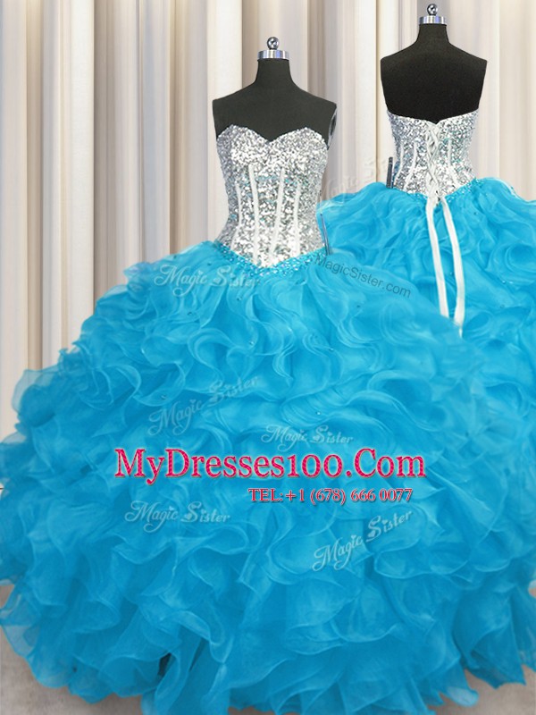 Comfortable Aqua Blue Lace Up Quinceanera Dresses Beading and Ruffles Long Sleeves Floor Length