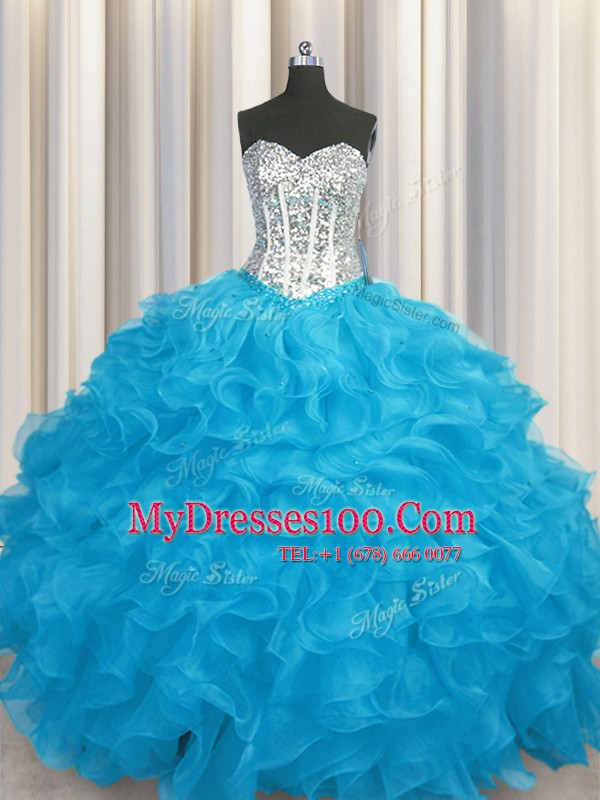 Comfortable Aqua Blue Lace Up Quinceanera Dresses Beading and Ruffles Long Sleeves Floor Length