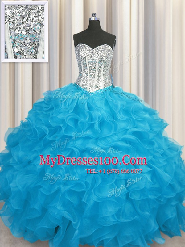 Comfortable Aqua Blue Lace Up Quinceanera Dresses Beading and Ruffles Long Sleeves Floor Length