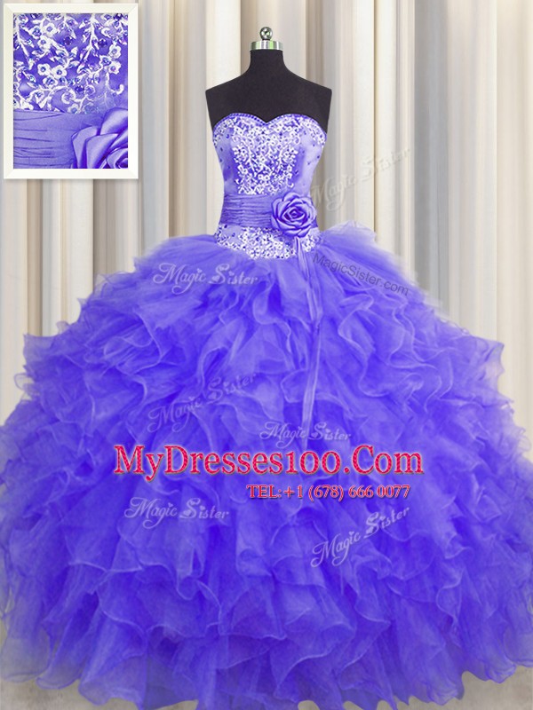 Pretty Handcrafted Flower Organza Sleeveless Floor Length Quinceanera Gown and Beading and Ruffles and Hand Made Flower