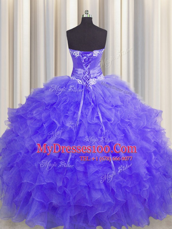 Pretty Handcrafted Flower Organza Sleeveless Floor Length Quinceanera Gown and Beading and Ruffles and Hand Made Flower