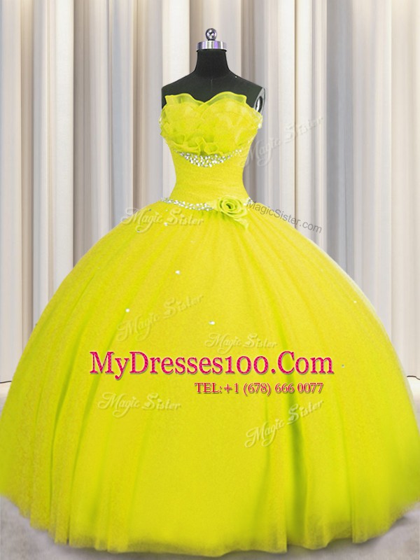 Handcrafted Flower Yellow Ball Gowns Tulle Strapless Sleeveless Beading and Sequins and Hand Made Flower Floor Length Lace Up Sweet 16 Quinceanera Dress