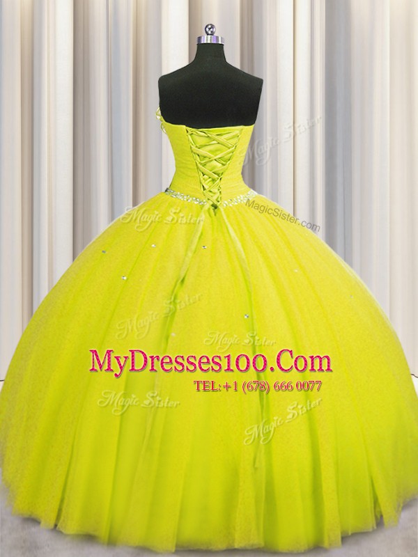 Handcrafted Flower Yellow Ball Gowns Tulle Strapless Sleeveless Beading and Sequins and Hand Made Flower Floor Length Lace Up Sweet 16 Quinceanera Dress