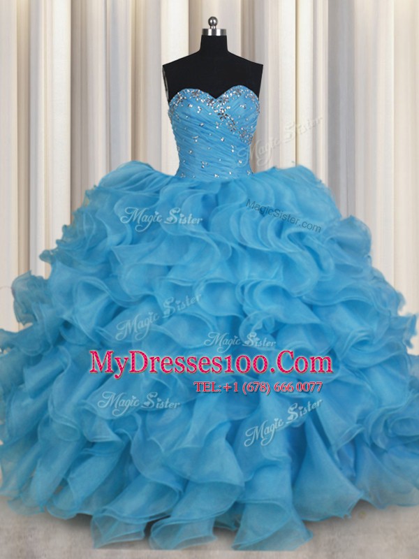 Floor Length Baby Blue 15th Birthday Dress Organza Sleeveless Beading and Ruffles