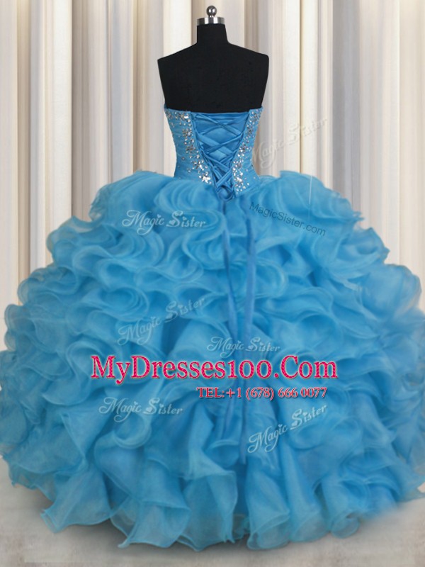 Floor Length Baby Blue 15th Birthday Dress Organza Sleeveless Beading and Ruffles