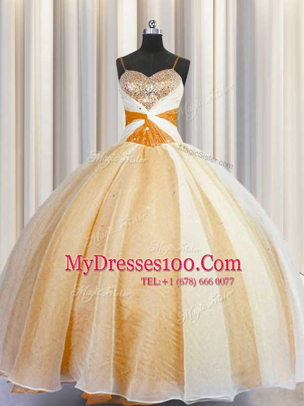 Orange Organza Lace Up Spaghetti Straps Sleeveless Floor Length Sweet 16 Dresses Beading and Ruching