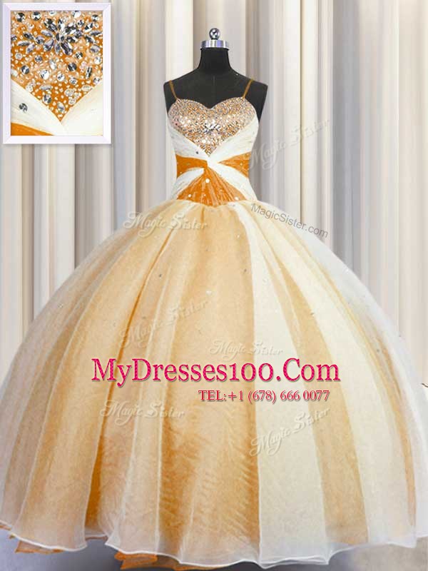 Orange Organza Lace Up Spaghetti Straps Sleeveless Floor Length Sweet 16 Dresses Beading and Ruching