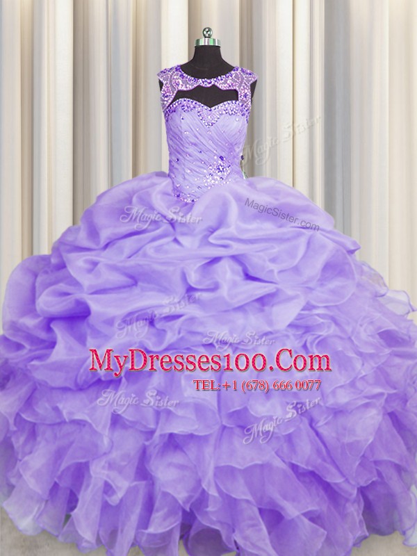 Customized Lavender Scoop Lace Up Beading and Pick Ups Quinceanera Gowns Sleeveless