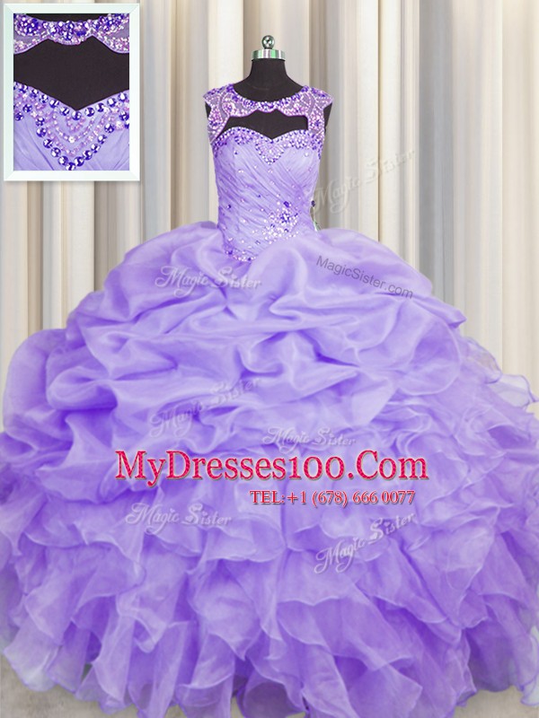 Customized Lavender Scoop Lace Up Beading and Pick Ups Quinceanera Gowns Sleeveless