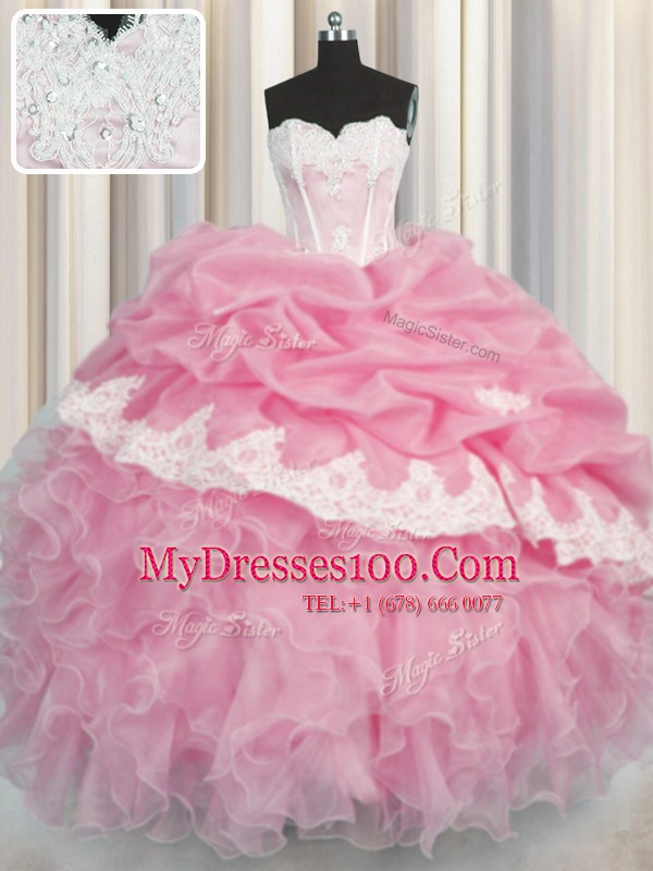 Romantic Organza Sleeveless Floor Length Quinceanera Dress and Beading and Appliques and Ruffles and Pick Ups