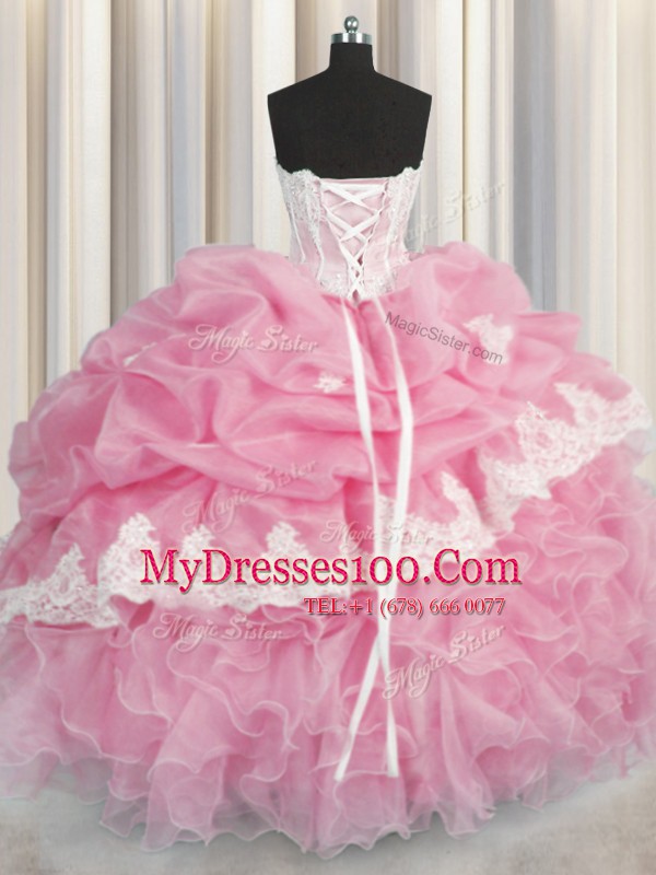 Romantic Organza Sleeveless Floor Length Quinceanera Dress and Beading and Appliques and Ruffles and Pick Ups