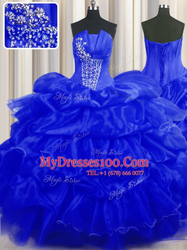 Super Sleeveless Organza Floor Length Lace Up Vestidos de Quinceanera in Royal Blue with Beading and Ruffles and Pick Ups