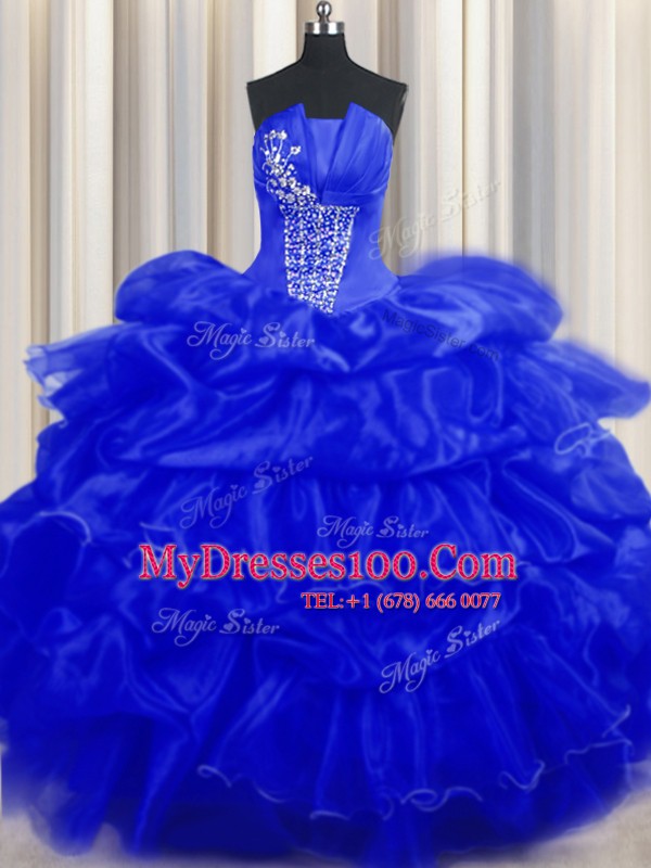 Super Sleeveless Organza Floor Length Lace Up Vestidos de Quinceanera in Royal Blue with Beading and Ruffles and Pick Ups