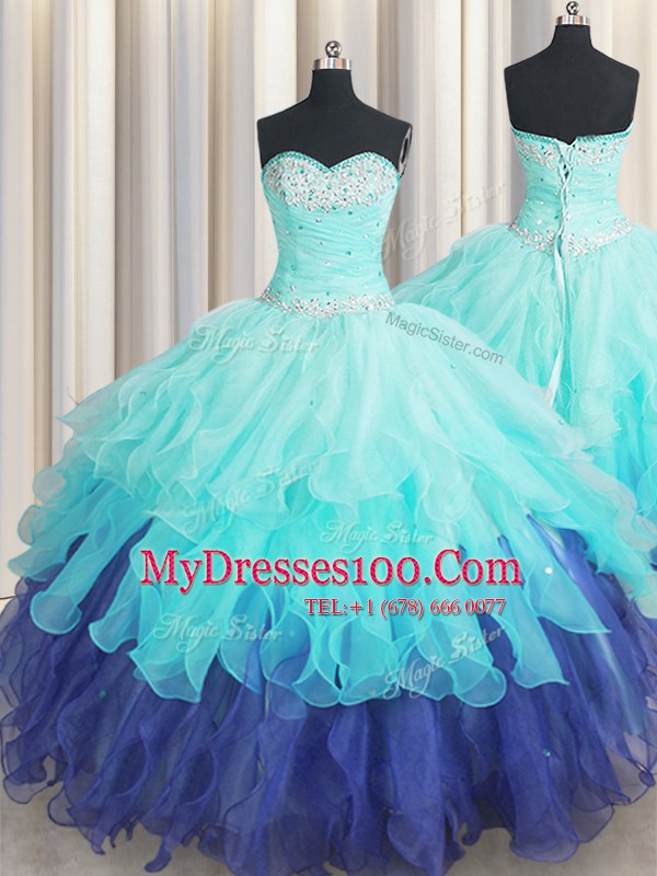 Hot Selling Sweetheart Sleeveless Organza Quinceanera Gown Beading and Ruffles and Ruffled Layers and Sequins Lace Up