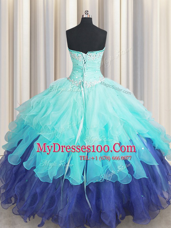 Hot Selling Sweetheart Sleeveless Organza Quinceanera Gown Beading and Ruffles and Ruffled Layers and Sequins Lace Up