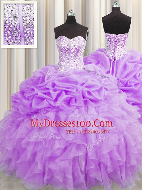 Low Price Visible Boning Organza Sweetheart Sleeveless Lace Up Beading and Ruffles and Pick Ups Quinceanera Dresses in Purple