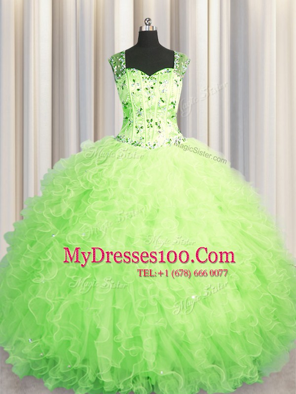 High End See Through Zipper Up Tulle Sleeveless Floor Length Ball Gown Prom Dress and Beading and Ruffles