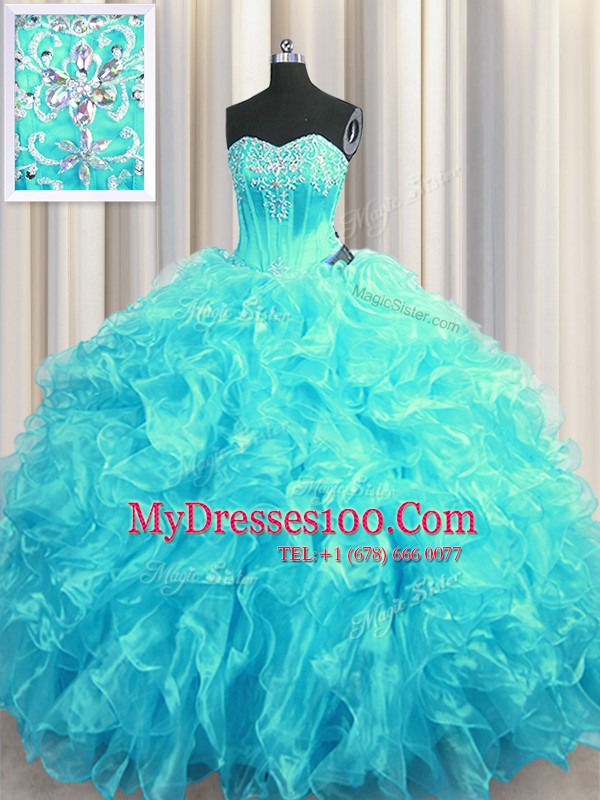 Beading and Ruffles Sweet 16 Quinceanera Dress Aqua Blue Lace Up Sleeveless Brush Train