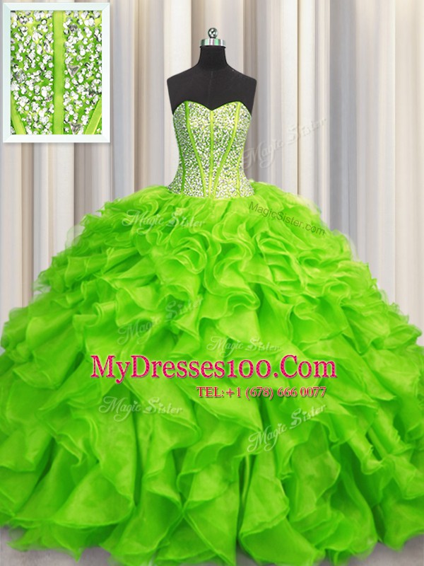 Visible Boning Sweetheart Lace Up Beading and Ruffles Sweet 16 Dress Sleeveless