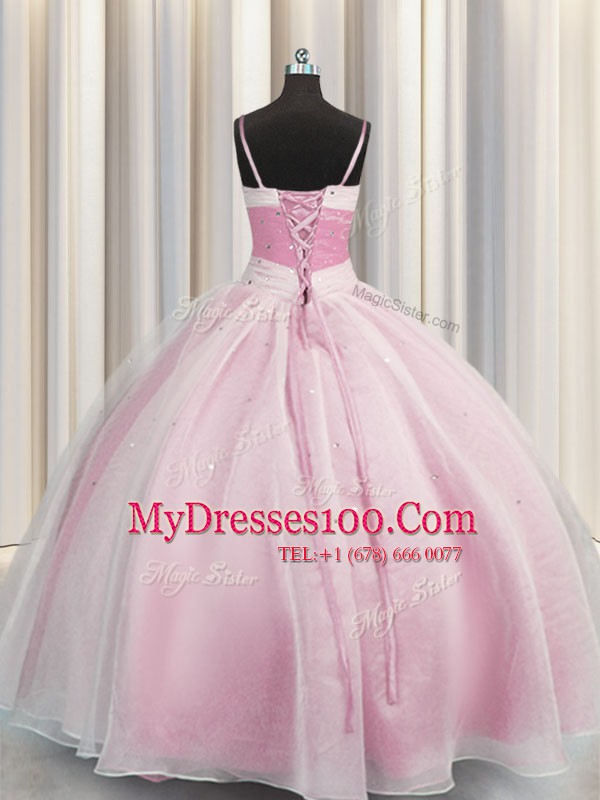 Chic Spaghetti Straps Sleeveless Floor Length Beading and Ruching Lace Up Quinceanera Gowns with Rose Pink