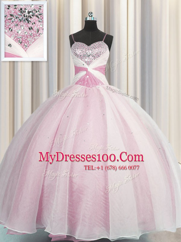 Chic Spaghetti Straps Sleeveless Floor Length Beading and Ruching Lace Up Quinceanera Gowns with Rose Pink